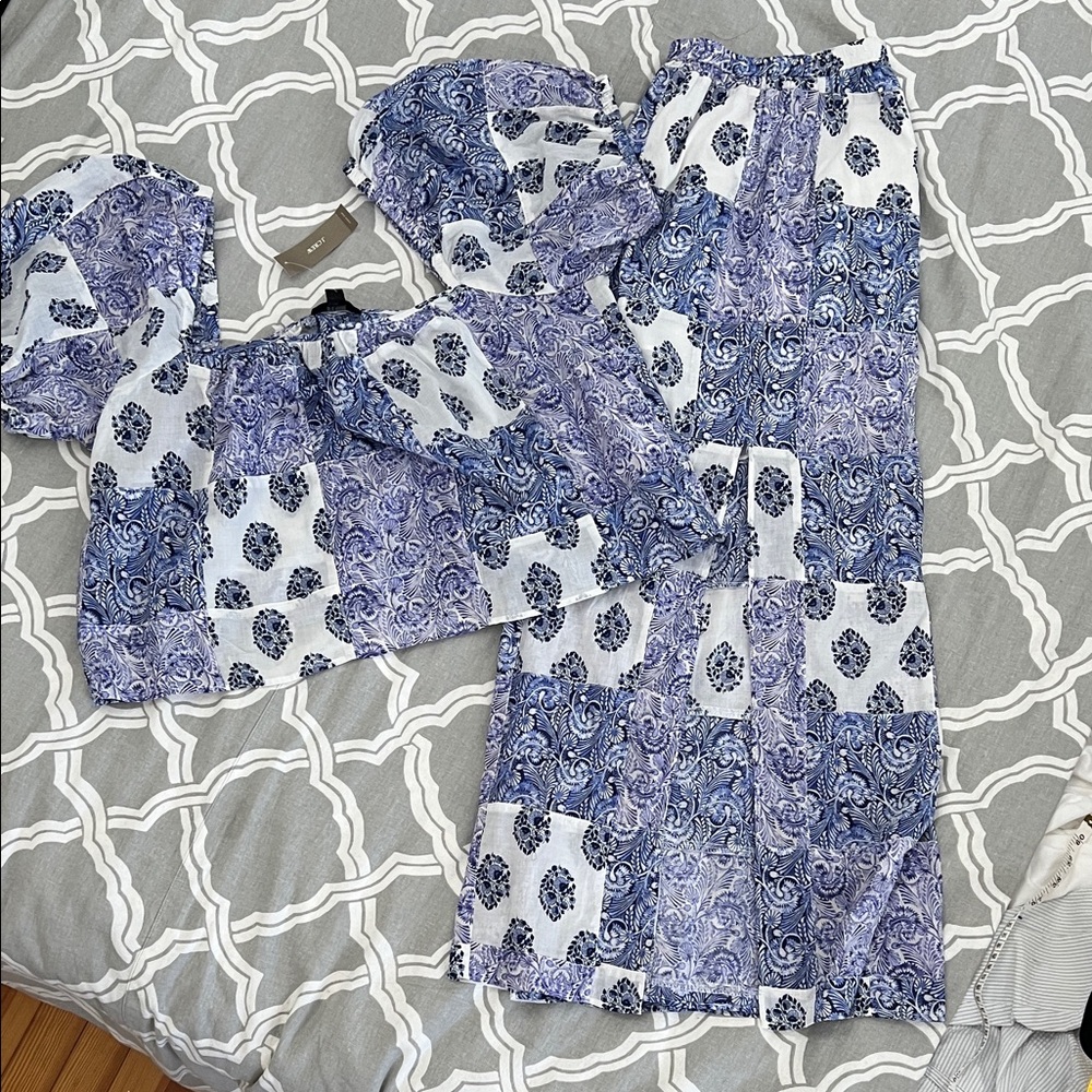 NWT J Crew Blue and White patchwork Two-Piece Set Sz XL